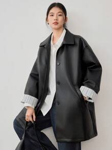 Dazy-Less Women's Casual Loose Plaid Patchwork PU Jacket Windbreaker Ladies Regular Coat,Fall Clothes Business Casual Woman Work Clothes Leather Jacket - Black - View 1