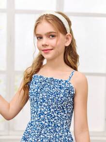 Fern Glow  Tween Girls Elegant Ditsy Floral Camisole Dress, Summer Vacation - Blue - View 6