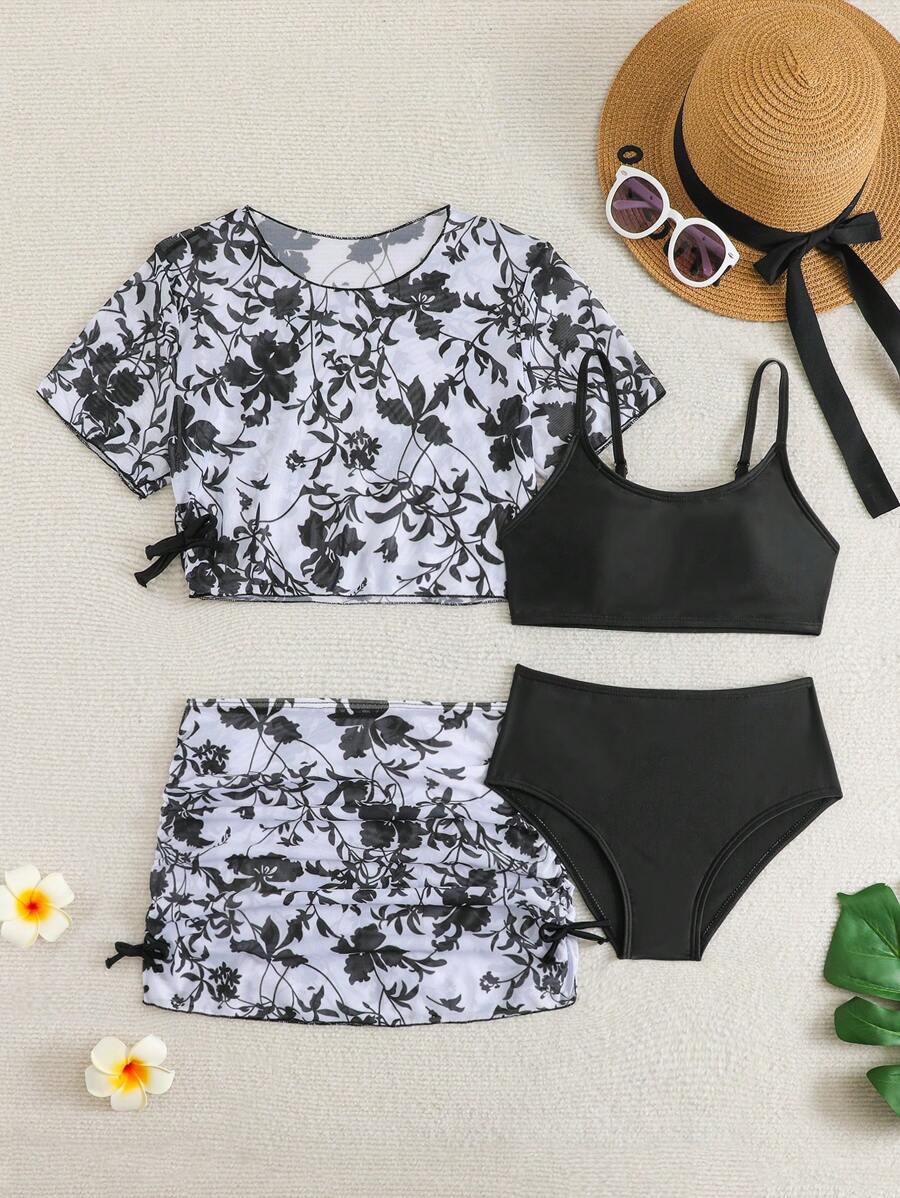 Bikini de unicolor con vestido estampado floral como cobertor para niñas preadolescentes - Blanco y Negro - Ver 1