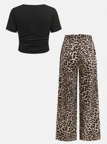SHEIN Girlism Tween Girl Solid Knit Crew Neck Short Sleeve Top And Leopard Print Wide Leg Pants Set - Black - View 2