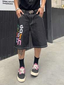 Manfinity Hypemode Men's Letter Print Pocket Loose Denim Shorts