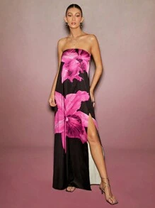 L'Amorae 夏季女装，女装，女士优雅无袖大粉色花朵图案黑色开衩长裙，女式连衣裙，夏季女式连衣裙，派对女式连衣裙，优雅女式连衣裙，正式女式连衣裙。正式女式连衣裙，长裙，度假。适合约会之夜、音乐会、表演、派对、俱乐部、音乐节、度假 - 紅色和黑色 - 查看 1