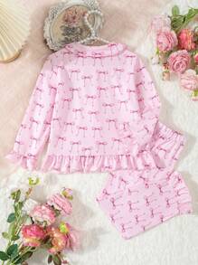 SHEIN 2 件套年轻女孩情人节粉色蝴蝶印花开衫和裤子休闲舒适家居服 - 淺粉色 - 查看 2