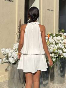 SHEIN EZwear Women's Solid Color Floral 3D Decor Halter Short Dress - White - View 2