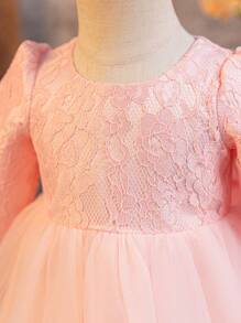 Glamorique Kids Baby Girl Lace Long Sleeve Tulle Puff Dress, Satin Wedding Flower Girl Dress, Christening Gown - Pink - View 6