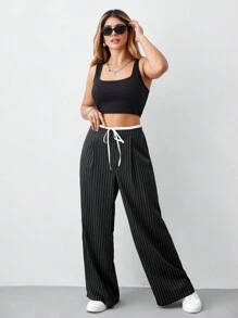 SHEIN BASICS Plus Size Solid Color Woven Casual Wide Leg Pants - Black - View 4
