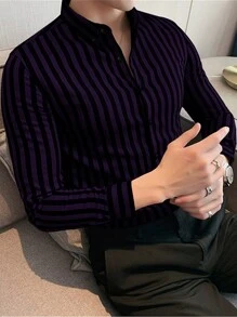 Calvornis 条纹长袖衬衫，休闲时尚，适合日常穿着 - 紫色 - 查看 1