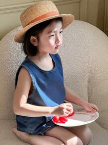 DAZY Young Girl Sleeveless Solid Color Top And Shorts Casual Denim Set, Minimalist And Fashionable For Everyday Wear - Blue - View 5