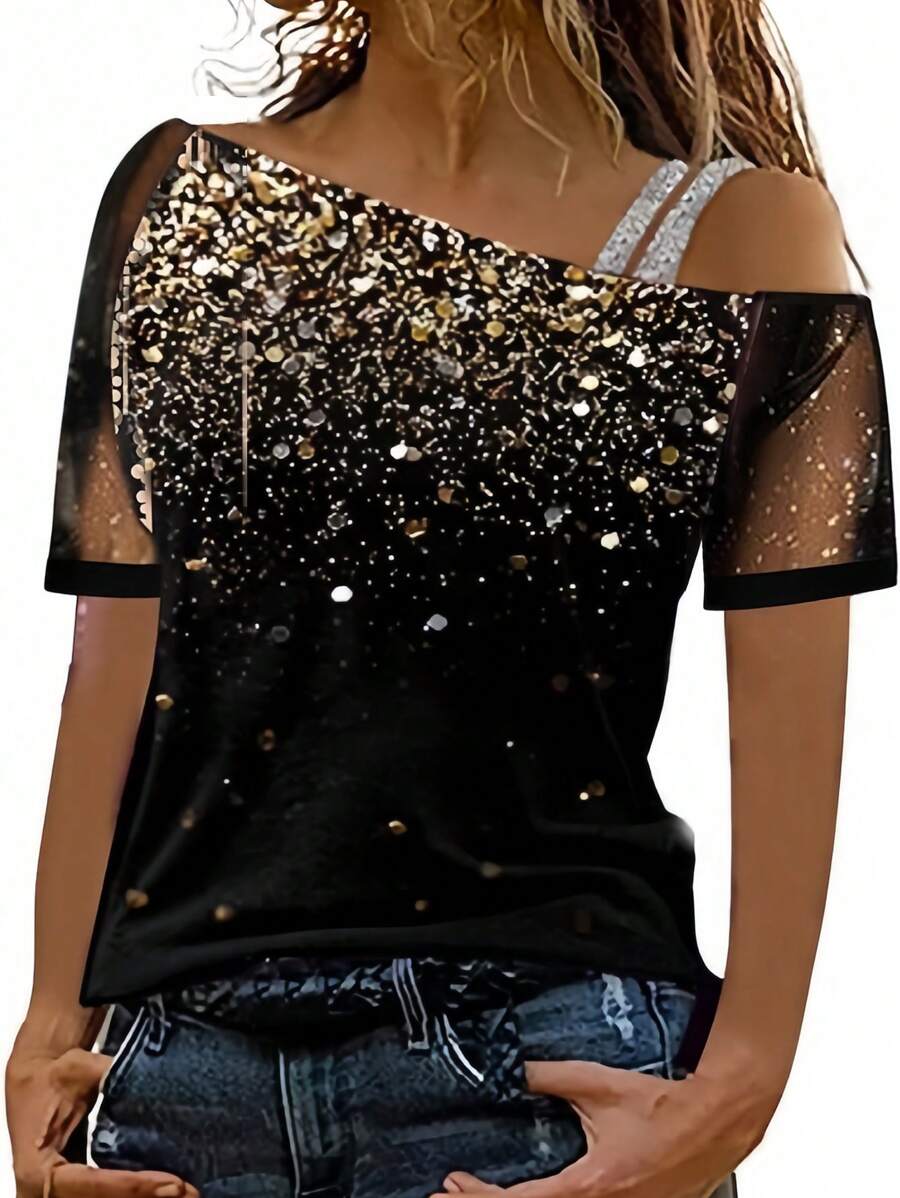 INAWLY Casual Women's T-Shirt With Oblique Shoulder, Patchwork With Sequins And Mesh Top