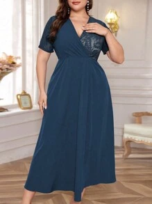 Mulvari 大码女式优雅撞色蕾丝短袖长裙，夏季超长女装