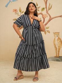 Travachic Plus Size Bohemian Vacation Casual Boho Summer Dress, Black Retro Print & Striped Floral Pattern For Women - Black and White - View 4