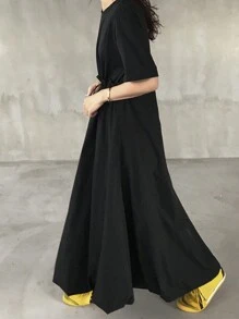 FRIFUL 女式黑色长款泡泡裙，休闲户外夏季太阳裙 - 黑色 - 查看 2