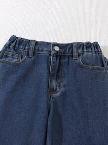 Jeans tipo mom desgarrados y rotos con cintura elástica, look casual de calle estilo bohemio para niña preadolescente, conjunto de moda diaria para chicas
