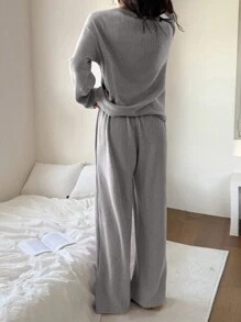 DAZY Striped Textured Fleece Open Cardigan Pajama Set, Winter - Light Grey - View 2