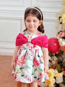 SHEIN Fern Glow  Baby Girls Cute Floral Pattern Colorblock Pink & Rose Red Dress, Summer - Pink - View 4