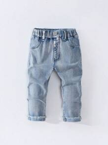 SHEIN Toddler Boys' Casual Relaxed Fit Drawstring Waist Distressed Hem Comfortable Washed Denim Jeans, Cool American Street Style 2025 New Arrival - Light Wash - View 1