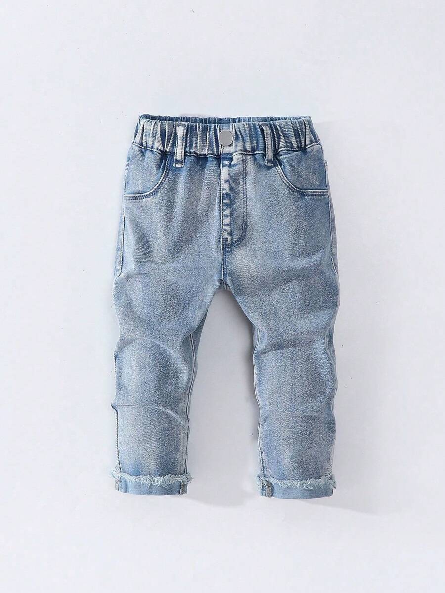 SHEIN Toddler Boys' Casual Relaxed Fit Drawstring Waist Distressed Hem Comfortable Washed Denim Jeans, Cool American Street Style 2025 New Arrival - Light Wash - View 1