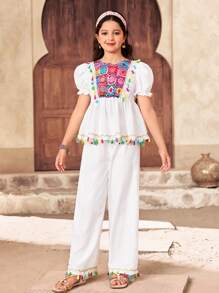 SHEIN Conjunto de 2 piezas para niña preadolescente con camisa de manga corta de globo casual con textura de patchwork, volantes y borlas en colores brillantes, y pantalones largos lisos con textura tejida - Blanco - Ver 5