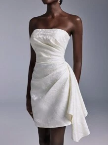 Elitara Elegant Apricot Jacquard Satin Bustier Pleated Waist Asymmetrical Hem Flared A-Line Party Dress, Wedding Guest Dress With Adjustable Back Tie,Cocktail