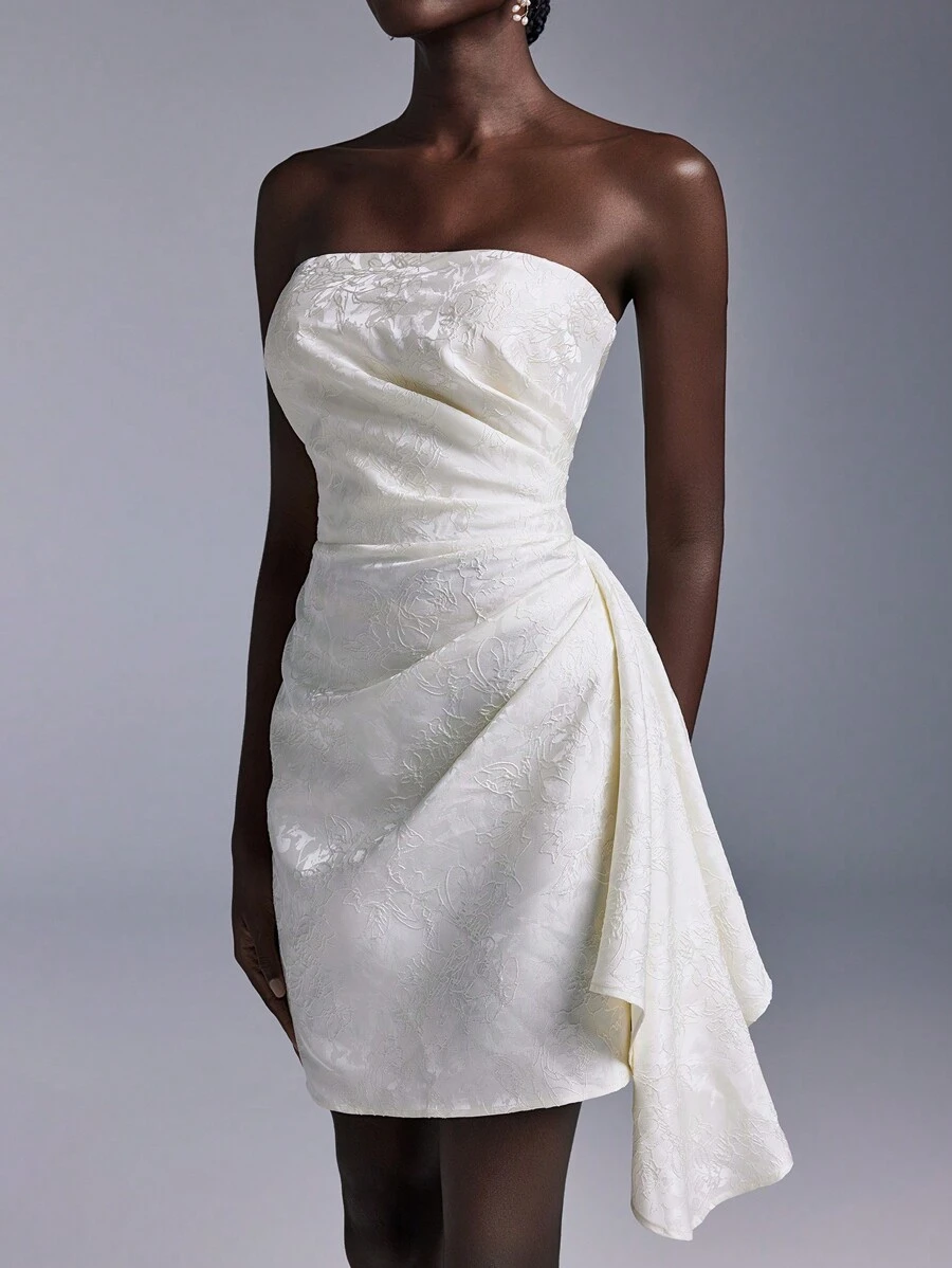 Elitara Elegant Apricot Jacquard Satin Bustier Pleated Waist Asymmetrical Hem Flared A-Line Party Dress, Wedding Guest Dress With Adjustable Back Tie,Cocktail