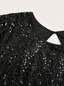 SHEIN EZwear Plus Size Women Solid Color Round Neck Short Sleeve Sequin Casual Dress,Valentine's Day - Black - View 5