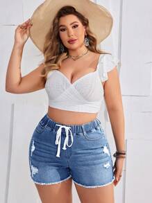 SHEIN EZwear Quần short denim thường ngày cỡ lớn, thời trang đơn giản cho trang phục hàng ngày - Rửa nhẹ - Xem 4
