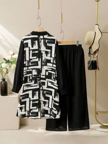 Lacomfia 2pcs Plus Size Women Retro Geometric Patchwork Long Sleeve Shirt And Pants Set Fall Cloth For Women