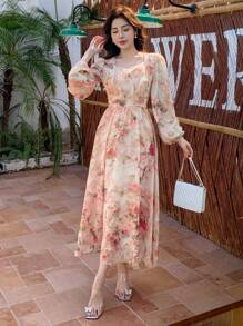 DAZY Vestido casual de manga larga hasta la rodilla con cuello en V y estampado floral, con volantes, vestido de otoño para mujer