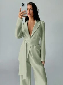Aloruh 2pcs Women White Office Wear Suit Set: Solid Color Blazer Jacket And Dress Pants, Commuting Suit For Autumn/Winter - Green - View 7