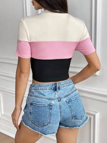 SHEIN EZwear Casual Multi-Color Patchwork Short Sleeve Slim Crop T-Shirt
