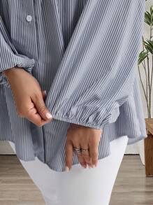 EMERY ROSE 大码冬季女式休闲条纹灯笼袖衬衫 - 藏蓝色 - 查看 6