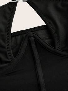 SHEIN ICON Heart Rhinestone Buckle Waist Mesh Patchwork Cross Cami Top - Black - View 4