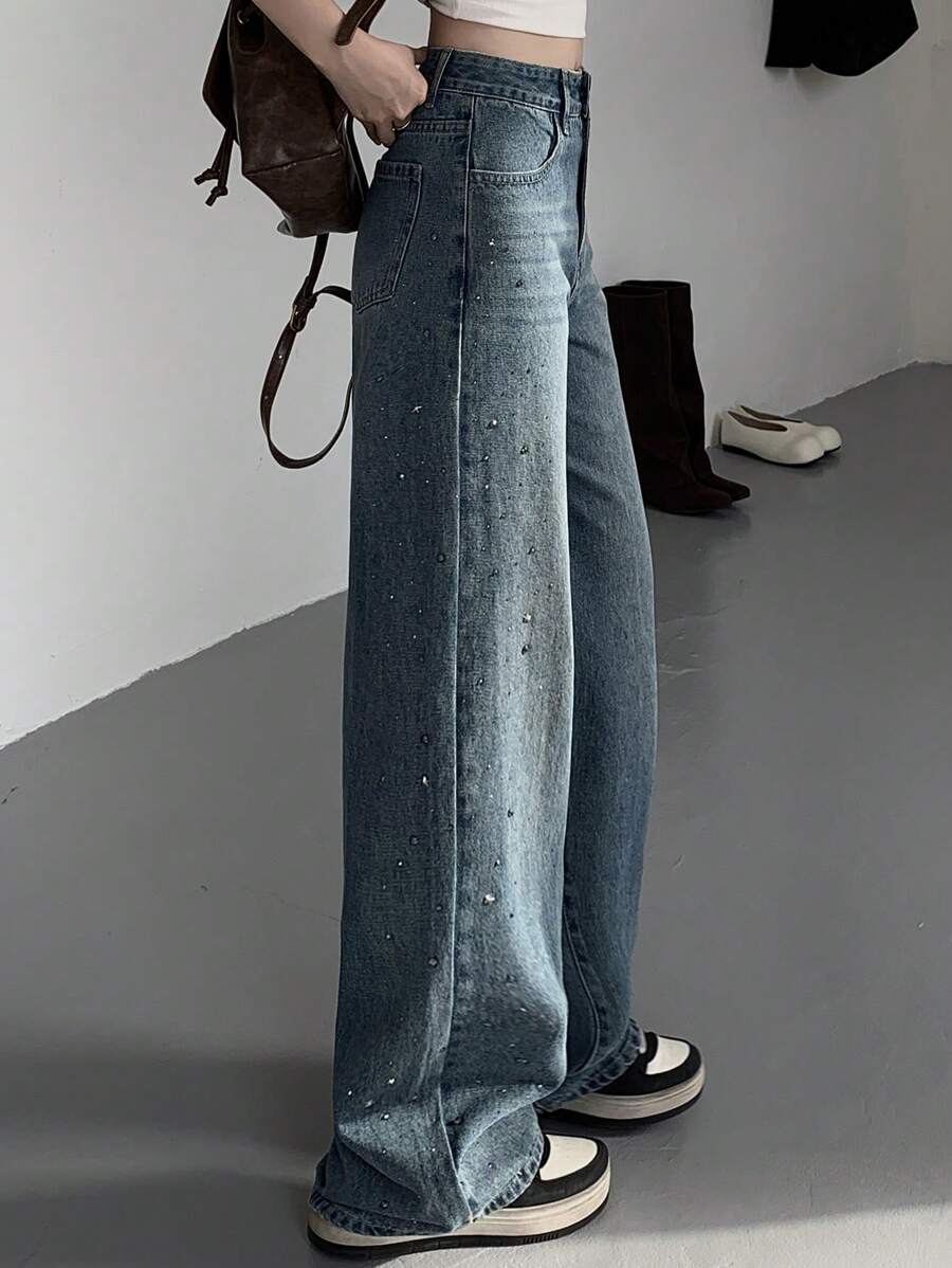 FRIFUL Women's Rhinestone Embellished Straight Leg Washed Denim Jeans, Spring/Summer - Medium Wash - View 1