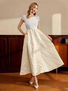 Vintamour 复古优雅女士编织拼布提花连衣裙，白色 A 字中长连衣裙，带口袋，春/夏情人节情人节生日女士连衣裙女士连衣裙优雅生日服装女士商务休闲女士服装女士连衣裙派对巡航服装太阳裙女士端庄连衣裙茶会服装复活节连衣裙女士情人节服装 - 白色 - 查看 3