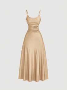 SHEIN MOD Váy suông màu trơn nhún eo xòe viền bèo cỡ lớn cho nữ, váy bán trang trọng, váy tiệc trà thanh lịch, trang phục du ngoạn bồng bềnh cho nữ - Rượu sâm banh - Xem 1