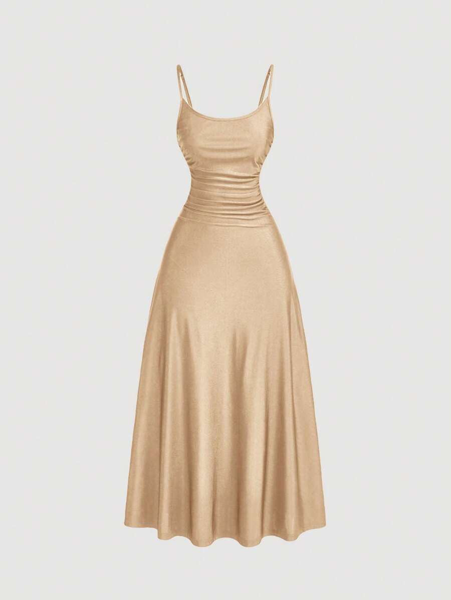 SHEIN MOD Váy suông màu trơn nhún eo xòe viền bèo cỡ lớn cho nữ, váy bán trang trọng, váy tiệc trà thanh lịch, trang phục du ngoạn bồng bềnh cho nữ - Rượu sâm banh - Xem 1