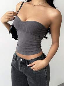 SHEIN BASICS Casual Solid Color Knit Fitted Bandeau Top For Women