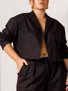 Aralina Curve Pinstripe Formal Open Front Cropped Blazer