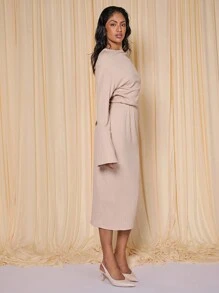 COSMINA Váy dài tay cổ lệch màu kem thanh lịch dành cho nữ, Xuân/Hè - Kem - Xem 4