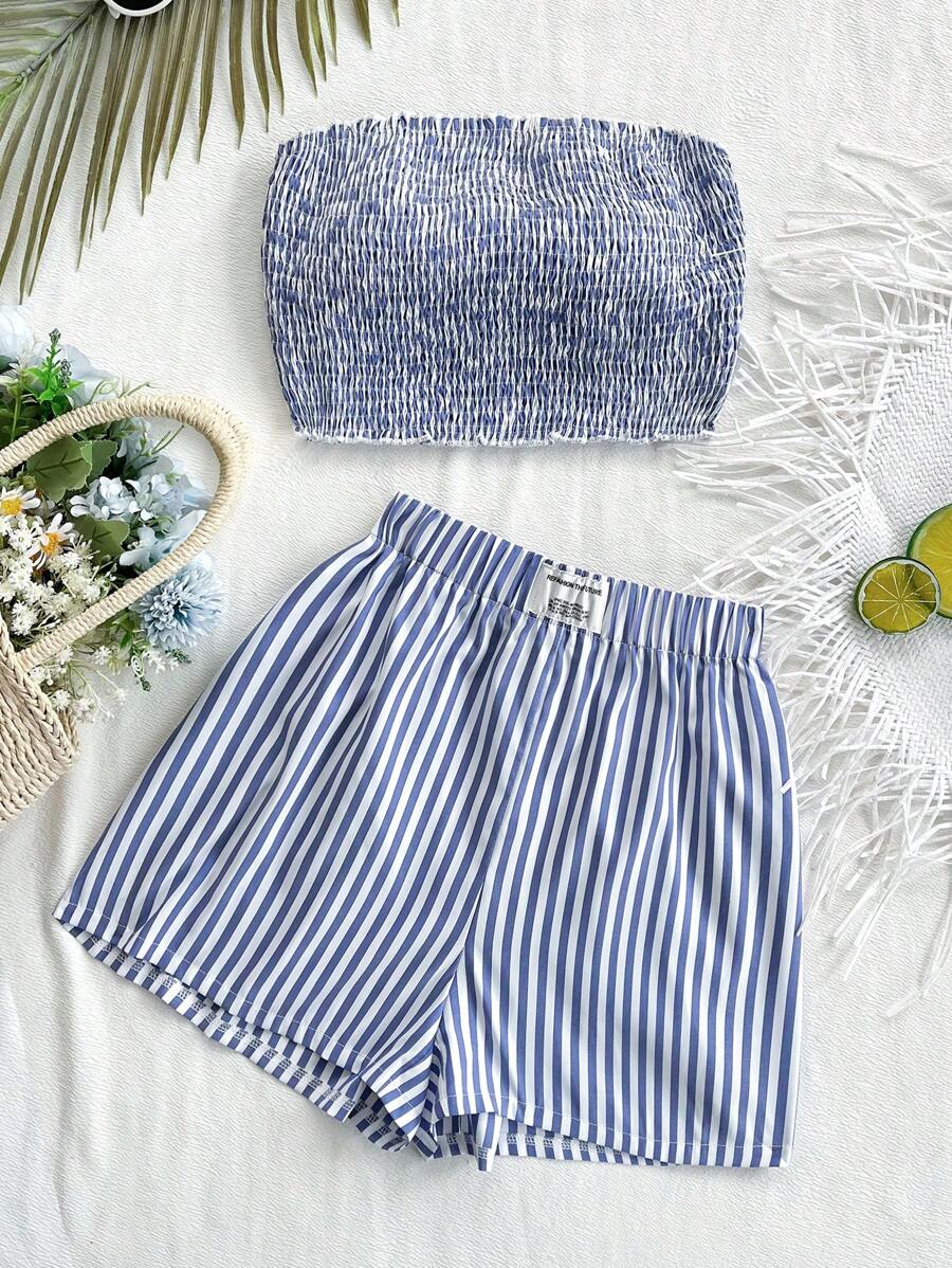 SHEIN Unity 女士休闲条纹抹胸上衣和配套条纹短裤 2 件套，适合春夏季度假、日常穿着 - 藍色 - 查看 1