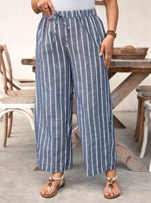 SHEIN LUNE Plus Size Women Linen Striped Elastic Waist Pants, Spring/Summer
