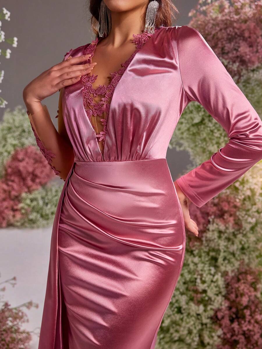SHEIN Belle Elegant Pink Stretch Fabric Appliques Decorated Long ...