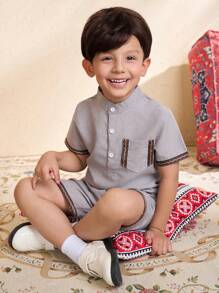 2pcs/Set Young Boy Striped Tape Trim Short Sleeve Top And Shorts Set - White - View 4
