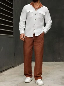 Manfinity Homme Men's Solid Color Button Front Long Sleeve Pocket Casual Top And Pants Set - Multicolor - View 3