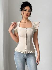 Chiquease Women's Elegant Ruffle Collar Slim Fit Blouse - Apricot - View 8