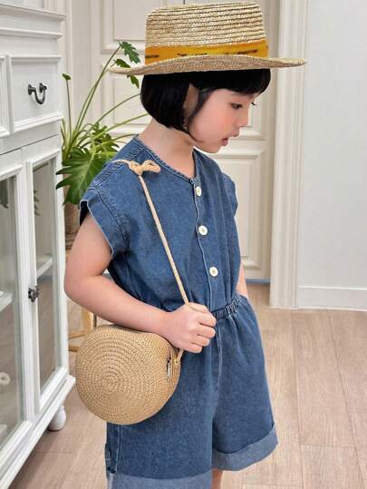 DAZY 年轻女孩蝙蝠印花短袖纽扣休闲牛仔连体裤