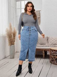 EMERY ROSE Plus Size Casual Vintage Wash Front Button Split Hem Fitted Denim Skirt For Autumn - Light Wash - View 6