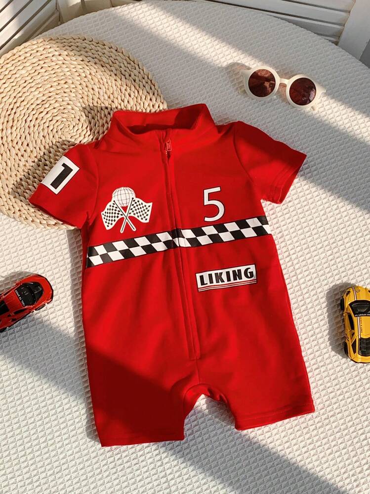 SHEIN Baby Boy/Girl Letter Pattern Soft Knit Short Sleeve Romper & Shorts Set - Red - View 6