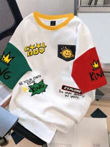 SHEIN 青少年男孩休闲百搭字母图案印花圆领宽松针织 T 恤 - 彩色 - 查看 1
