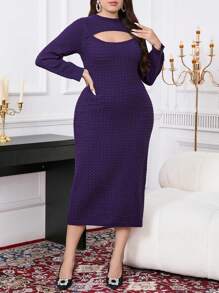 Modelyn Vestido de suéter de punto minimalista de manga larga y cuello redondo, con ajuste ceñido en talla grande de unicolor - Morado - Ver 5